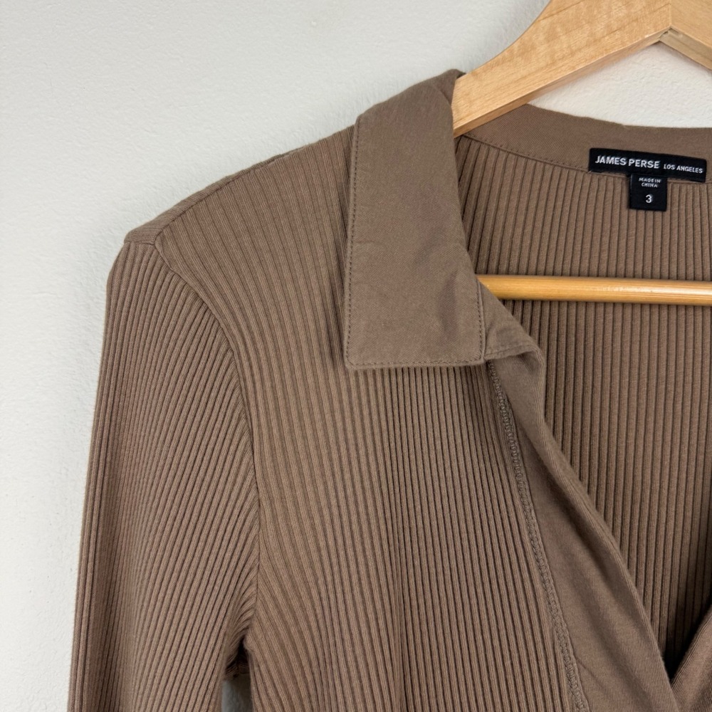 James‎ Perse Sable Brown Ribbed Polo Long Sleeve Top Split Neck Large - Picture 5 of 13